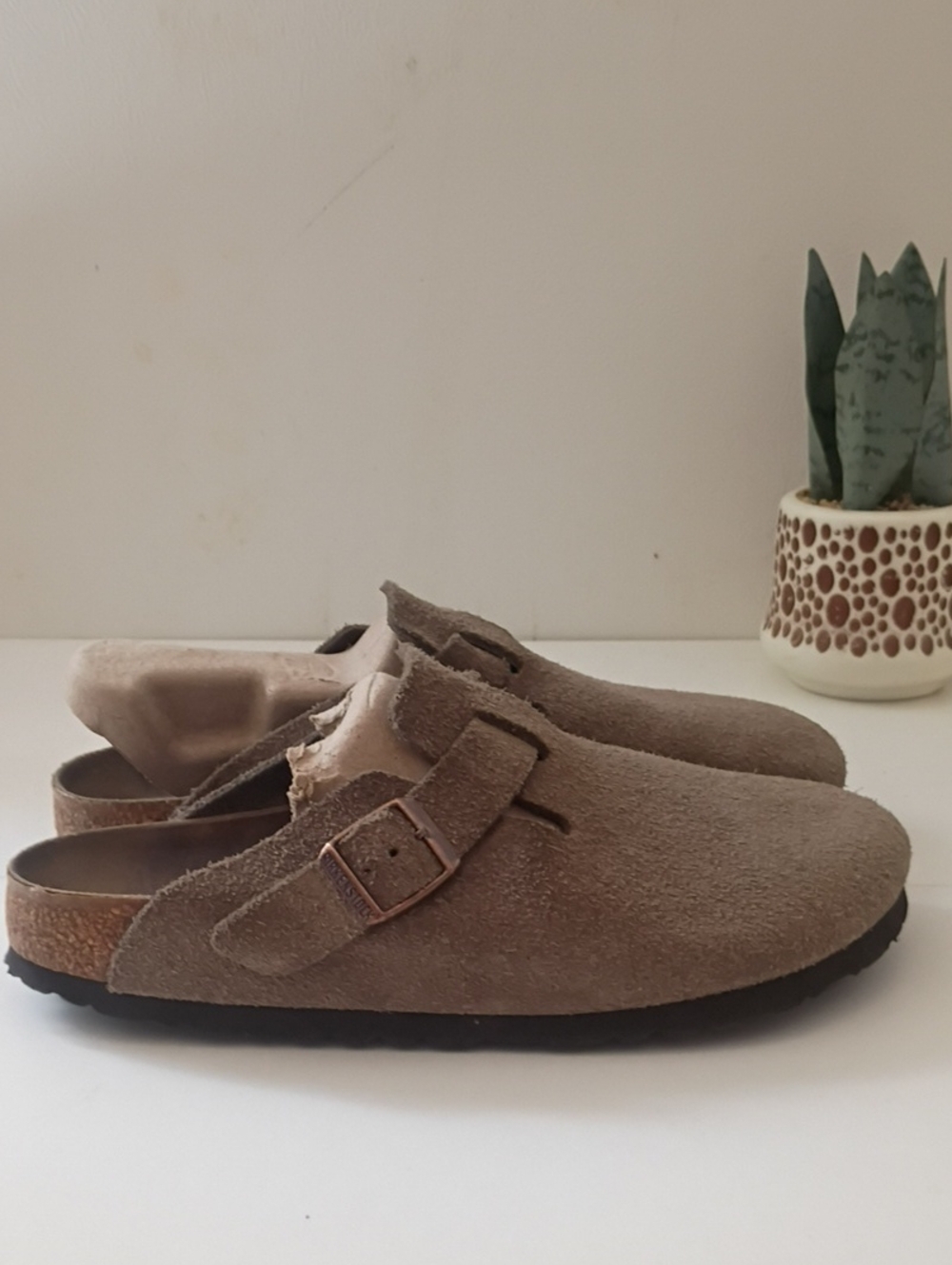 Birkenstock Suede Clog Mules in Taupe